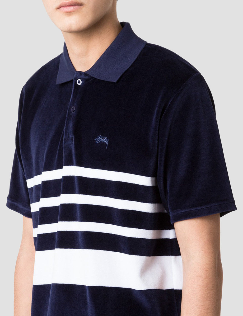 Stussy Velor Stripe PoloTシャツ-ネイビーブルー|URBAN EXCESS。