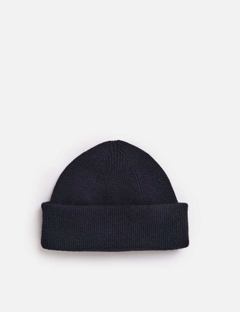 Bhode Newlyn Fishermans Wool Beanie Hat (Knitted in Scotland) - Navy Blue