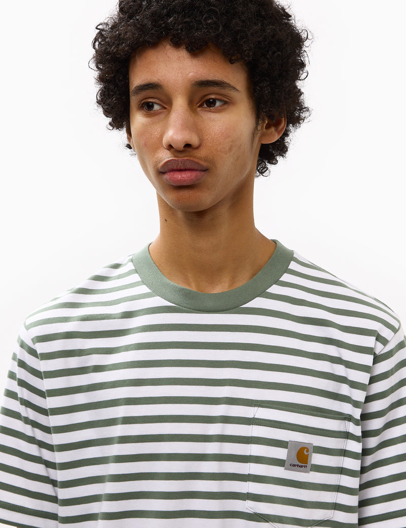 Carhartt-WIP Seidler Stripe Pocket T-Shirt - Park Green/White