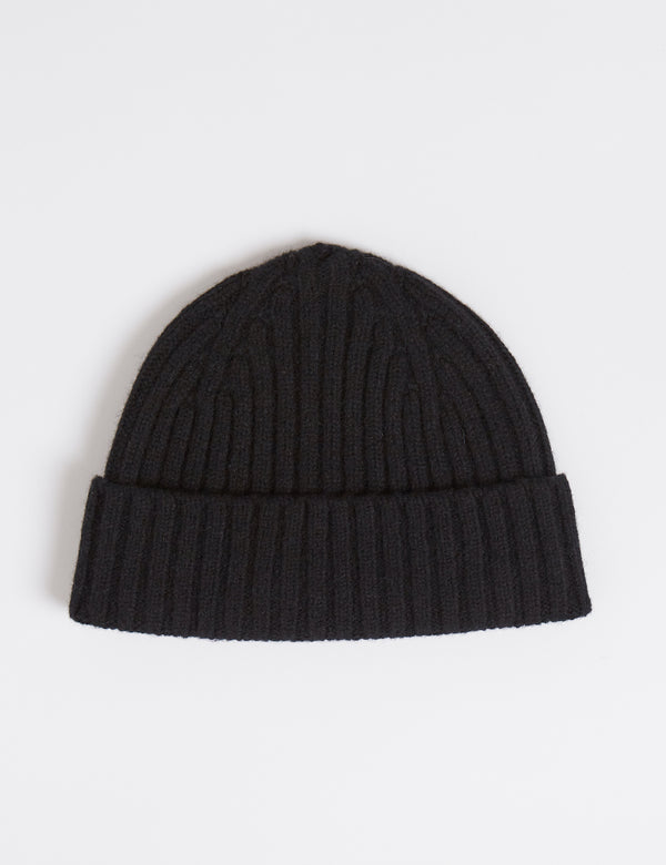 Bhode 2x2 Rib Beanie Mütze (Lammwolle) - Schwarz