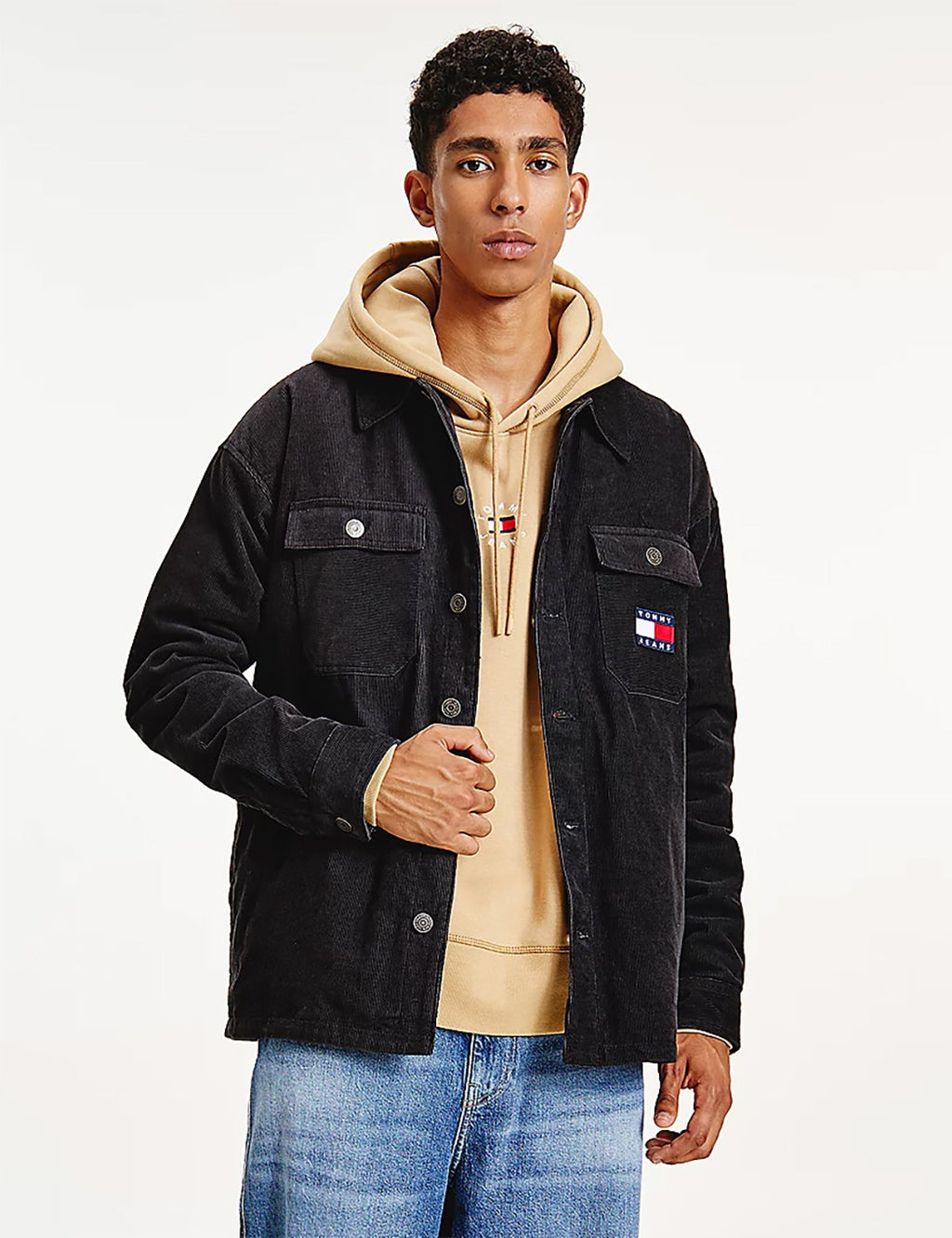 Tommy Jeans Badge Cord Sherpa Lined Overshirt - Black | URBAN EXCESS.