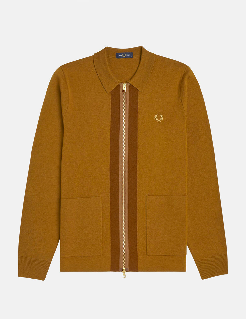 Fred Perry Zip Through Cardigan Dark Caramel Urban Excess. URBAN EXCESS