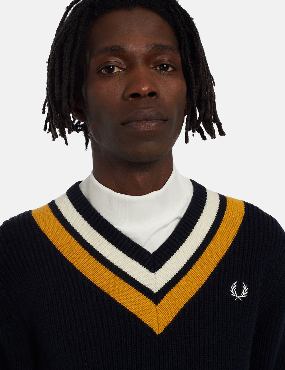 Fred Perry Striped V Neck Jumper Navy Blue I URBAN EXCESS