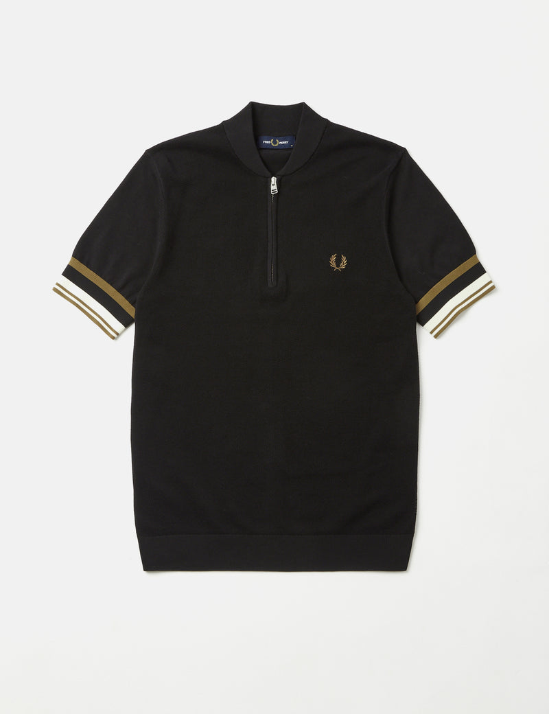 Fred Perry 봄버 지퍼 넥 니트 셔츠 - 블랙