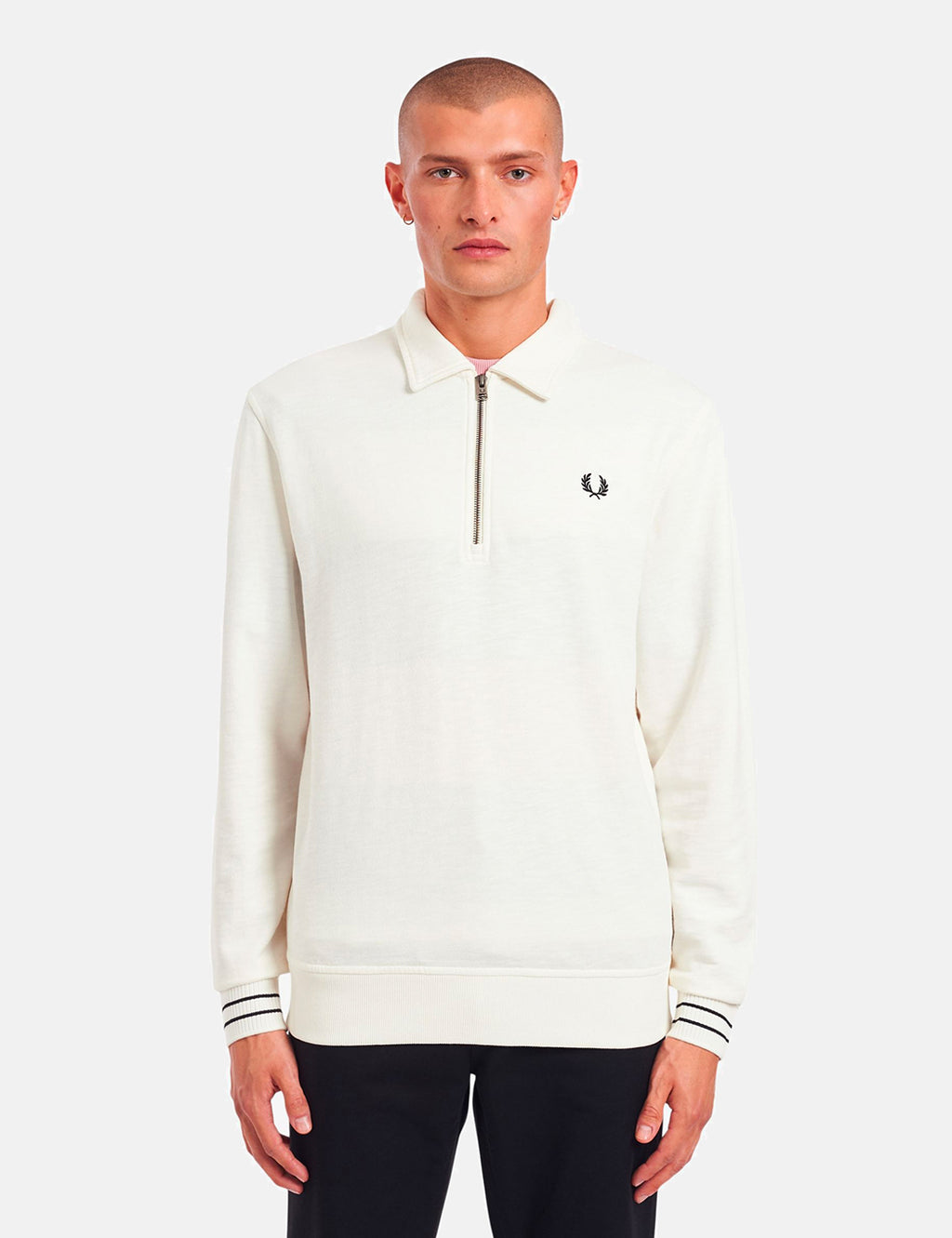 Fred Perry Zip Neck Collar Sweatshirt - Light Ecru I URBAN EXCESS.