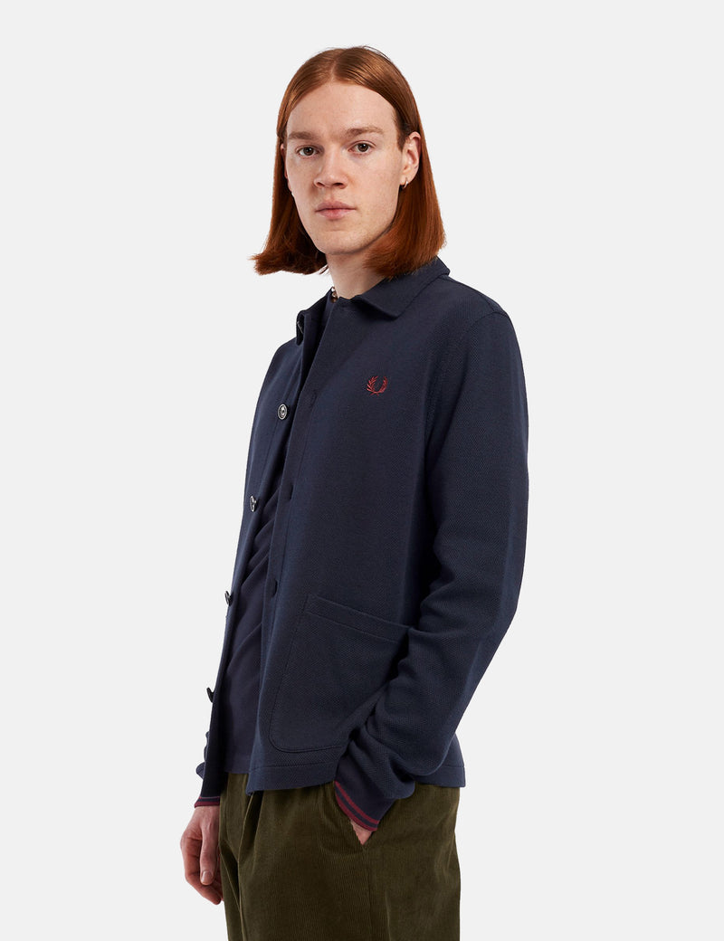 Fred Perry Button Through Pique Overshirt - Navy Blue